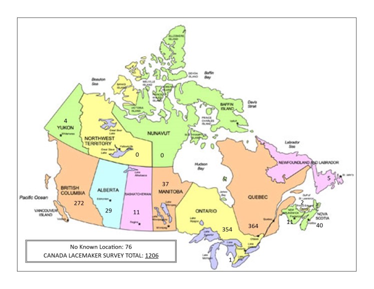 Map of Canada Lacemakers by Province April 20, 2024